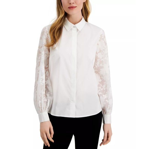ALFANI Lace Sleeve Button-Up Shirt - White - Size XL NWT - Picture 1 of 3